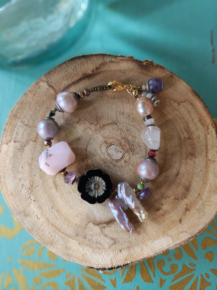 Pink opal, pearl and black glass flower bracelet